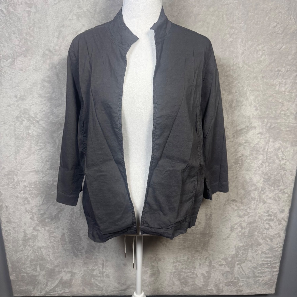 Eileen Fisher Women Gray Linen Blend Collarless 3/4 Sleeve‎ Open Front Jacket S
